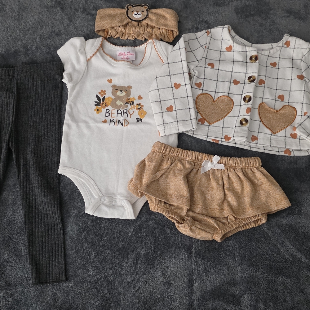 Little Lass Bear-Themed Diaper Cover Set - White, Tan, and Black